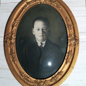 Vintage 1900’s Antique Gold Gilded Oval Convex Bubble Glass Frame with Young Boy